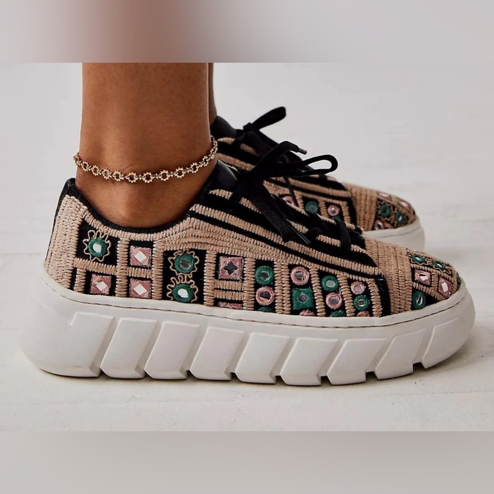 Free People Vionic Catch Me If You Can Embroidered Black and Tan Sneakers - Picture 2 of 10